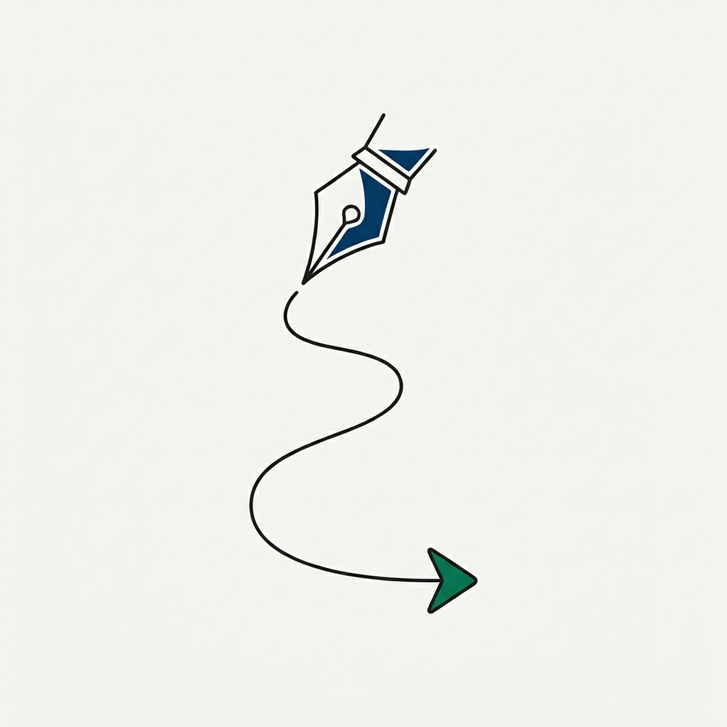 A pen nib with a single clean line flowing into an arrow