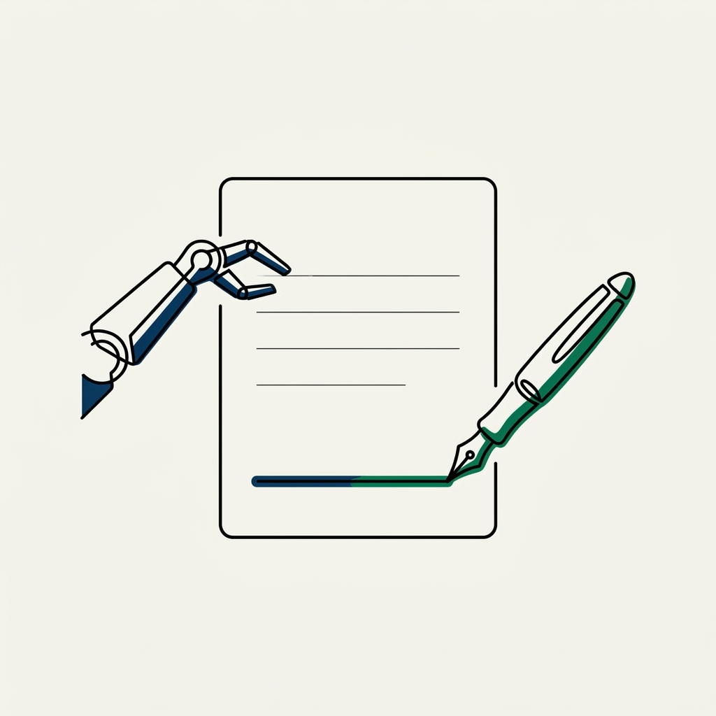 A mechanical arm sketching the first lines of a page while a human hand writes the last one
