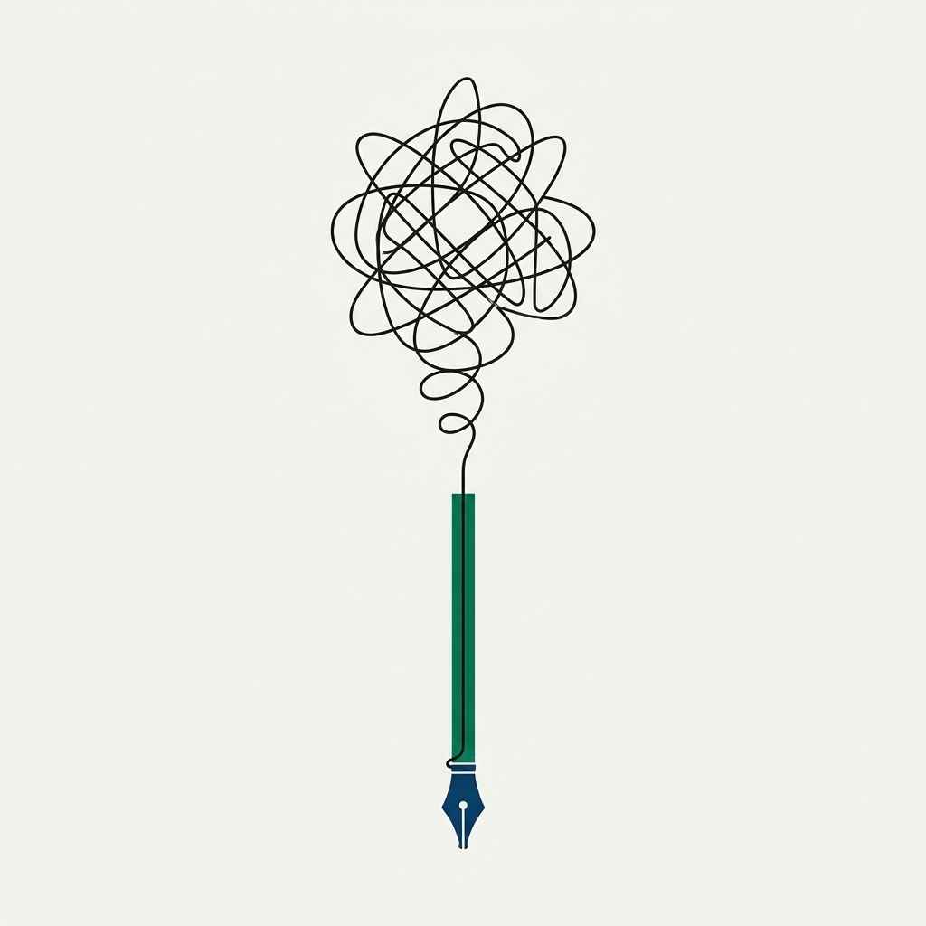 A tangled line resolving into a straight line ending at a pen nib