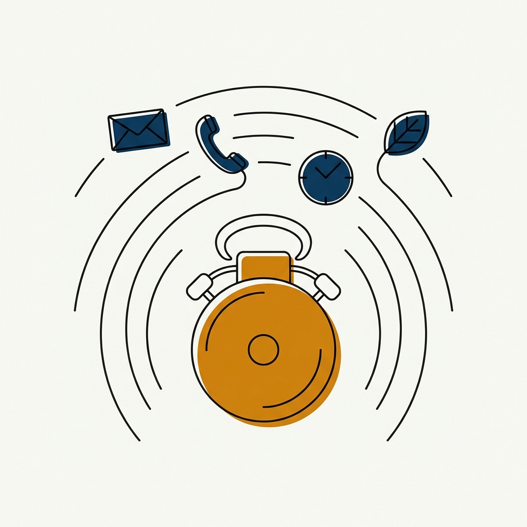 A vintage alarm bell radiating sound waves, with everyday triggers (envelope, phone, clock, leaf) floating around it