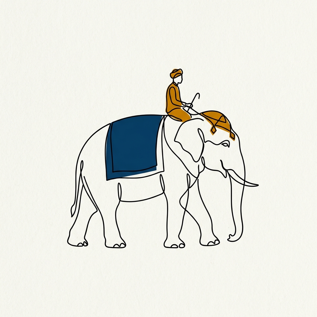 A serene elephant carrying a calm mahout — Haidt's elephant-and-rider metaphor