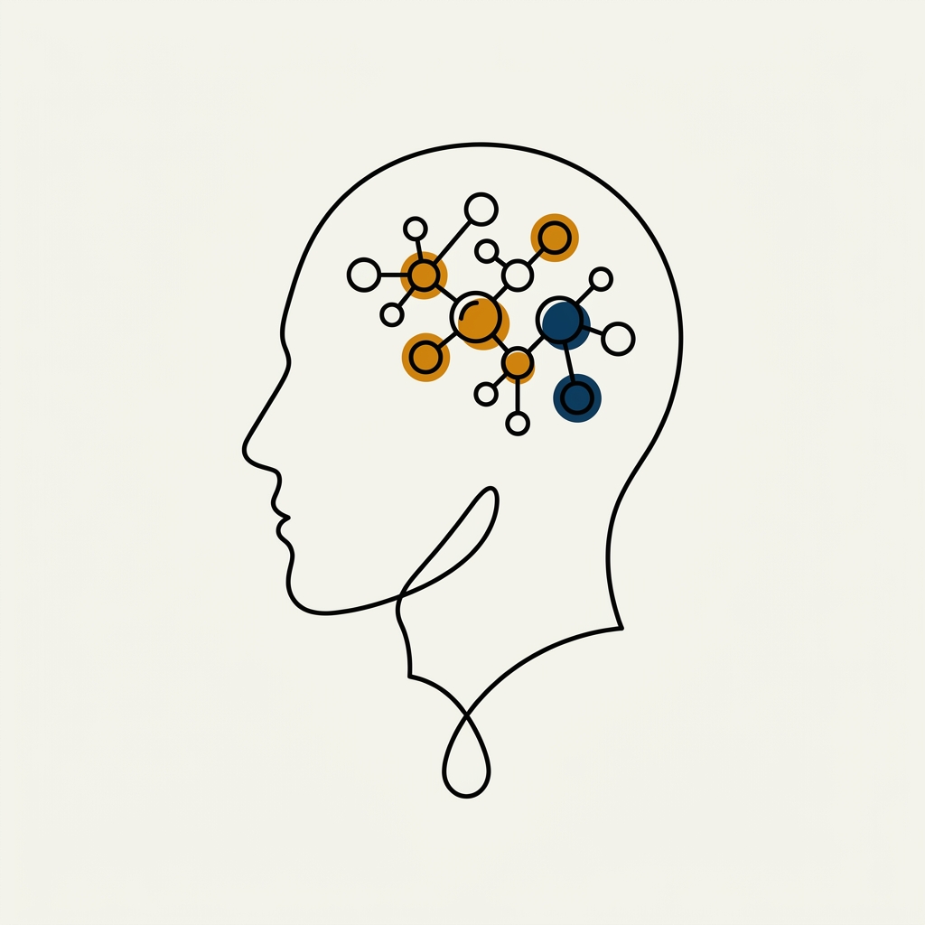 Profile of a head with a constellation of molecules and a single droplet at the neck