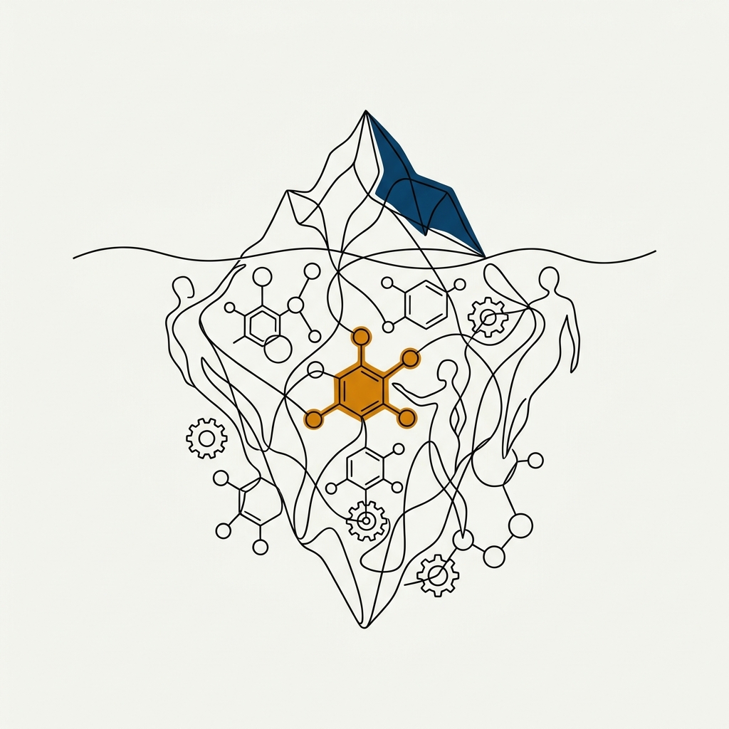 Iceberg with a small visible tip above the waterline and a much larger submerged base of molecules and gears below — the conscious vs unconscious mind