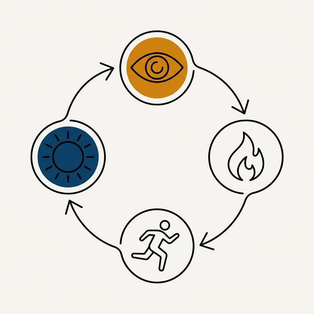 Four-node habit loop — eye (cue), flame (craving), running figure (action), sun (reward) — connected in a clockwise cycle